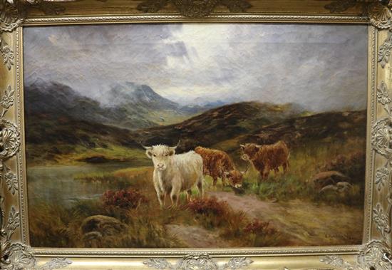 O. Hindmarsh, oil on canvas, Highland cattle in a valley, signed, 50 x 76cm